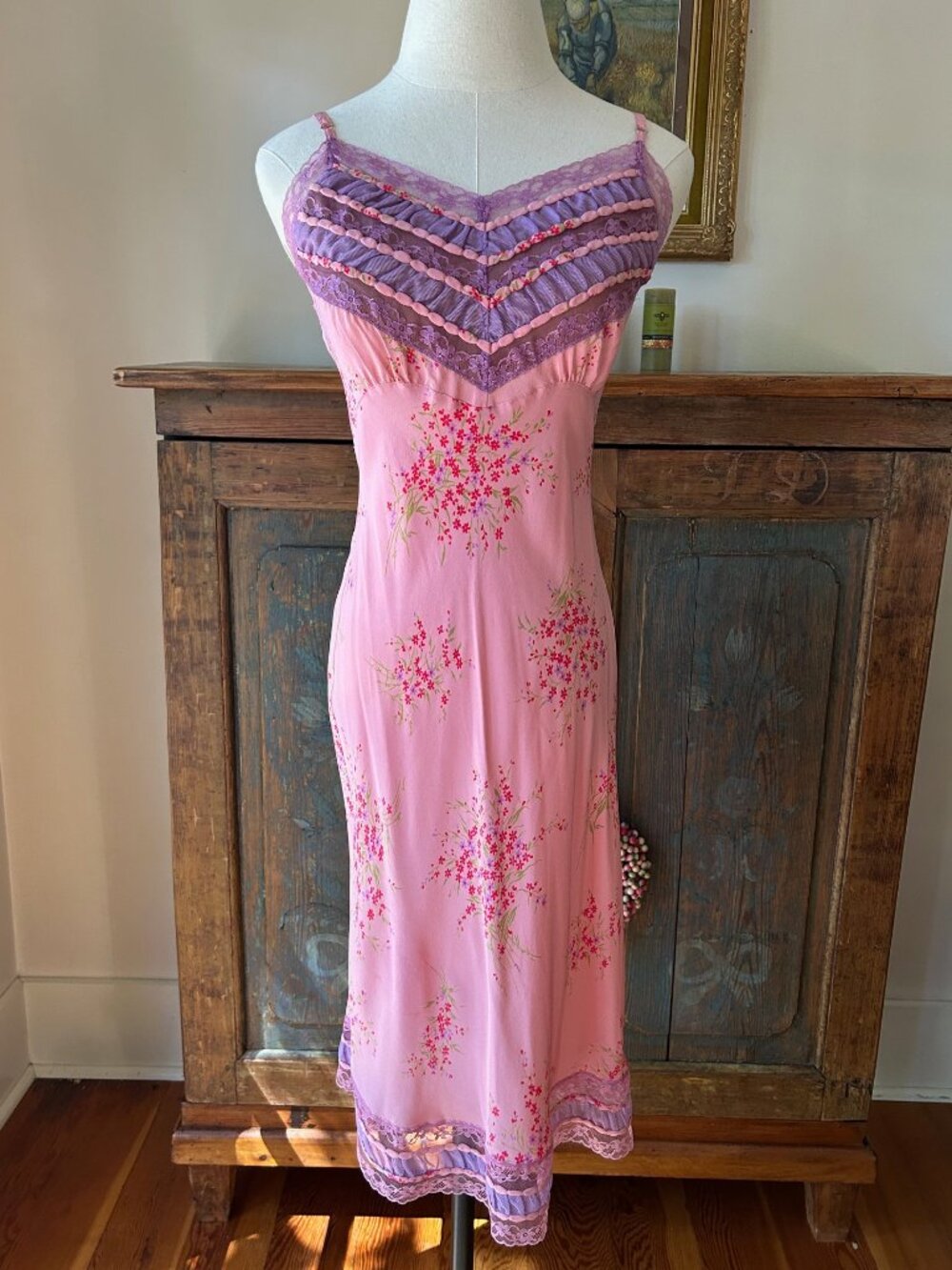 Vintage Betsey Johnson New York Silk Floral Pink & Purple Lace Dress
